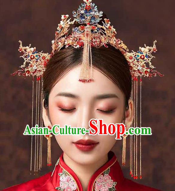 Chinese Traditional Wedding Queen Cloisonne Hair Crown Hairpins Handmade Bride Hair Accessories for Women