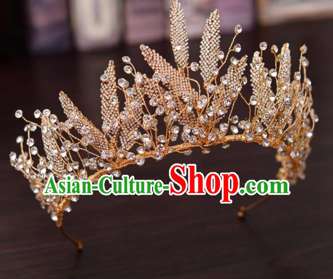 Top Handmade Bride Golden Crystal Leaf Royal Crown Wedding Hair Accessories for Women