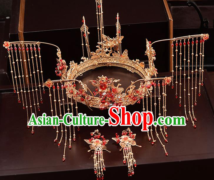 Chinese Traditional Wedding Queen Golden Tassel Hair Crown Hairpins Handmade Bride Hair Accessories for Women