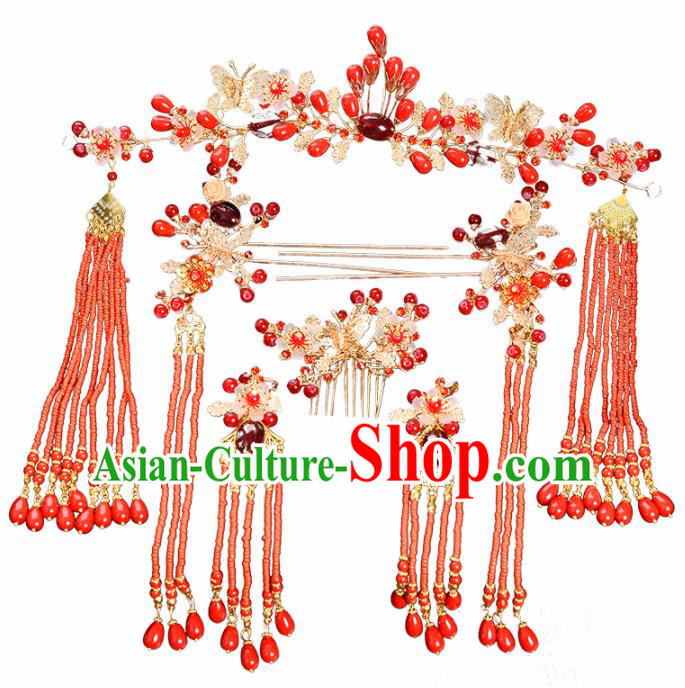 Chinese Traditional Wedding Red Beads Tassel Hair Comb Hairpins Handmade Bride Hair Accessories for Women