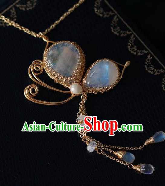 Chinese Traditional Ming Dynasty Moonstone Butterfly Tassel Necklace Handmade Ancient Princess Necklet Accessories for Women