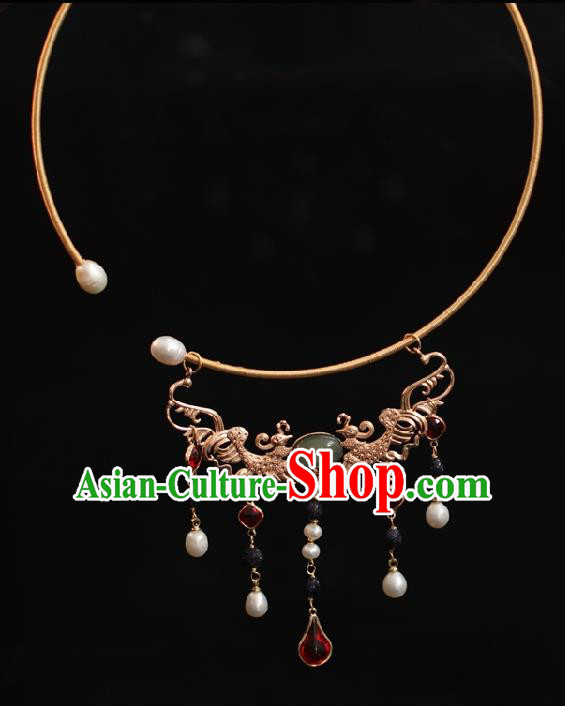 Chinese Traditional Ming Dynasty Golden Phoenix Necklace Handmade Ancient Princess Necklet Accessories for Women