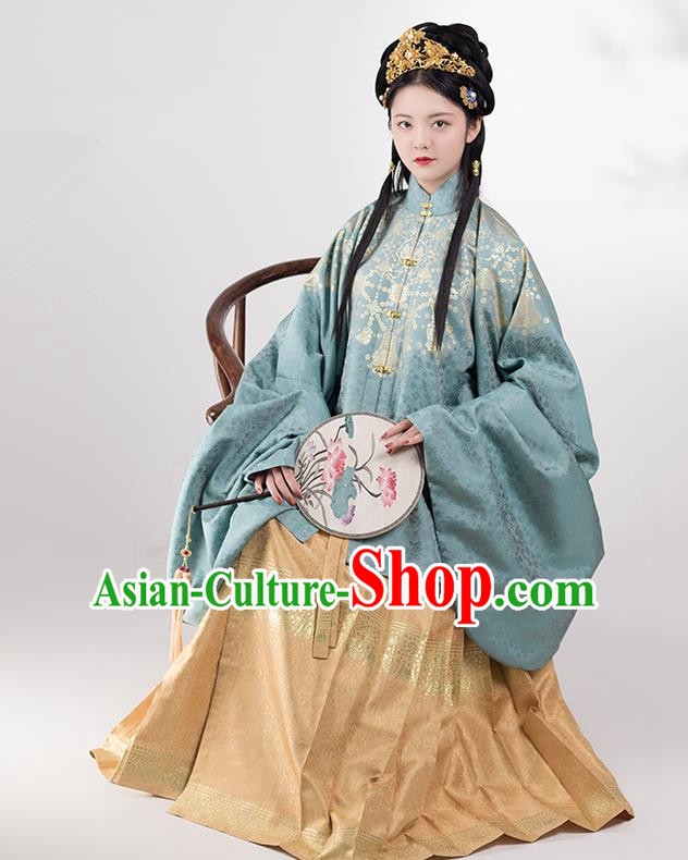 Traditional Chinese Ming Dynasty Court Princess Blue Brocade Blouse and Skirt Ancient Royal Infanta Historical Costumes for Women