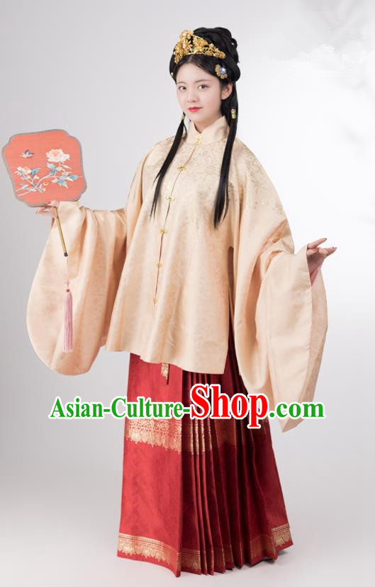 Traditional Chinese Ming Dynasty Palace Lady Apricot Brocade Blouse and Skirt Ancient Royal Infanta Historical Costumes for Women