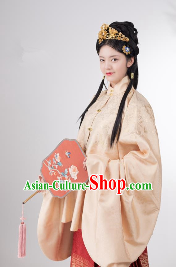 Traditional Chinese Ming Dynasty Palace Lady Apricot Brocade Blouse and Skirt Ancient Royal Infanta Historical Costumes for Women