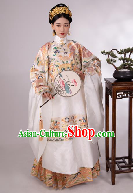 Traditional Chinese Hanfu White Brocade Robe and Skirt Ancient Ming Dynasty Imperial Empress Historical Costumes for Women