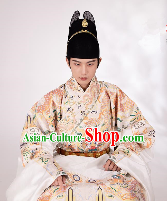 Traditional Chinese Hanfu Court White Brocade Imperial Robe Ancient Ming Dynasty Emperor Historical Costumes for Men