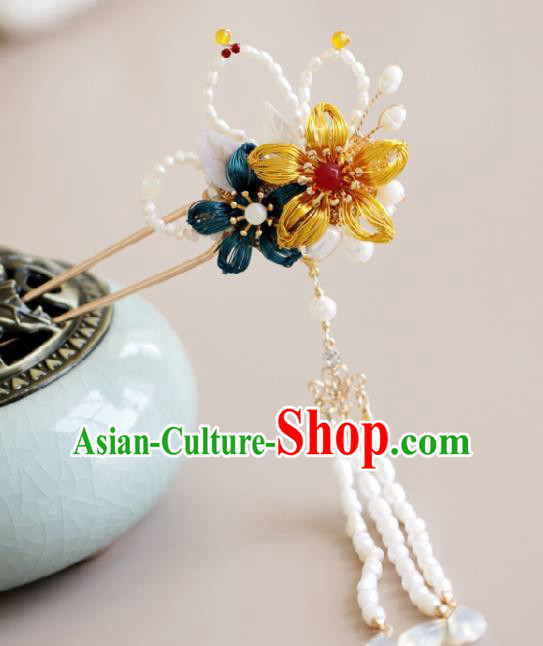 Chinese Handmade Tang Dynasty Princess White Pearls Tassel Hairpins Ancient Hanfu Hair Accessories for Women