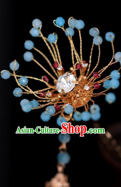 Chinese Handmade Tang Dynasty Princess Blue Beads Tassel Hairpins Ancient Hanfu Hair Accessories for Women