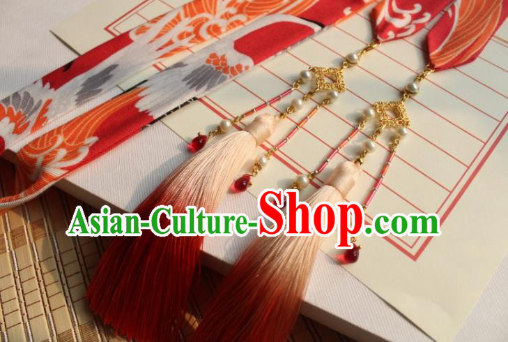 Chinese Traditional Hanfu Ming Dynasty Orange Ribbon Headband Handmade Ancient Princess Hair Accessories for Women