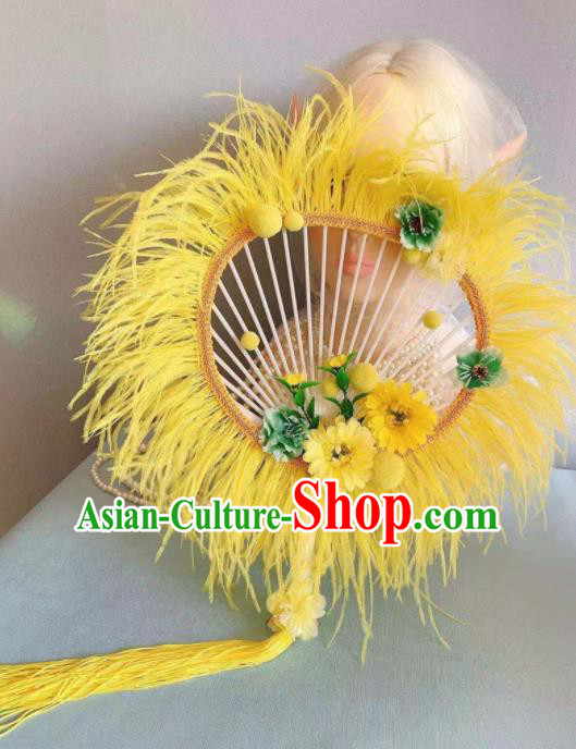 Chinese Traditional Yellow Palace Fans Handmade Ancient Princess Feather Round Fan for Women