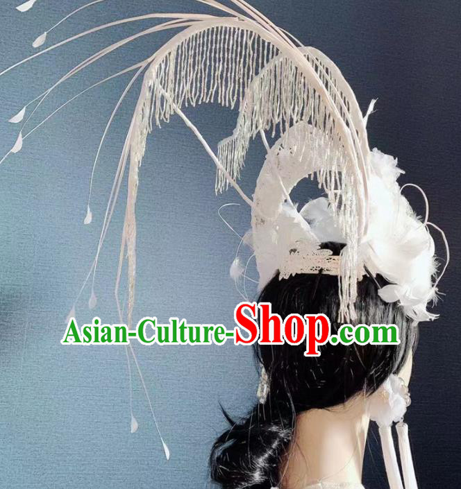 Chinese Handmade Classical White Feather Phoenix Coronet Hat Ancient Empress Hanfu Hair Accessories for Women