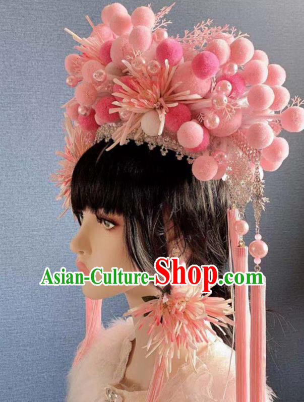 Chinese Handmade Classical Pink Chrysanthemum Phoenix Coronet Hat Ancient Empress Hanfu Hair Accessories for Women