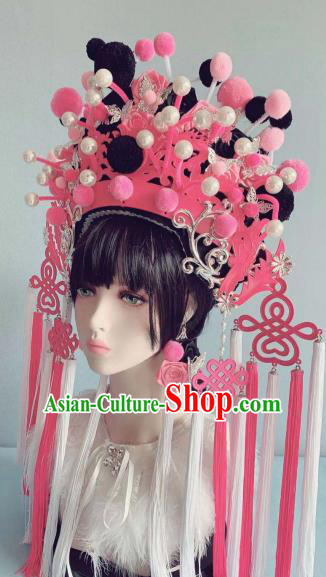 Chinese Handmade Classical Rosy Velvet Phoenix Coronet Hat Ancient Empress Hanfu Hair Accessories for Women