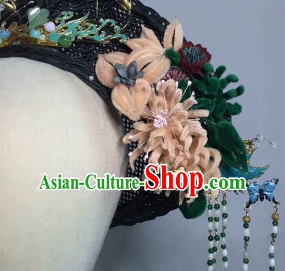 Chinese Handmade Qing Dynasty Manchu Imperial Consort Velvet Flowers Hat Phoenix Coronet Ancient Empress Hair Accessories for Women