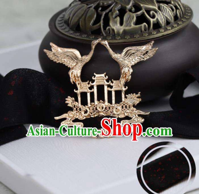 Chinese Traditional Hanfu Black Ribbon Hairband Handmade Ancient Swordsman Crane Hair Accessories for Men