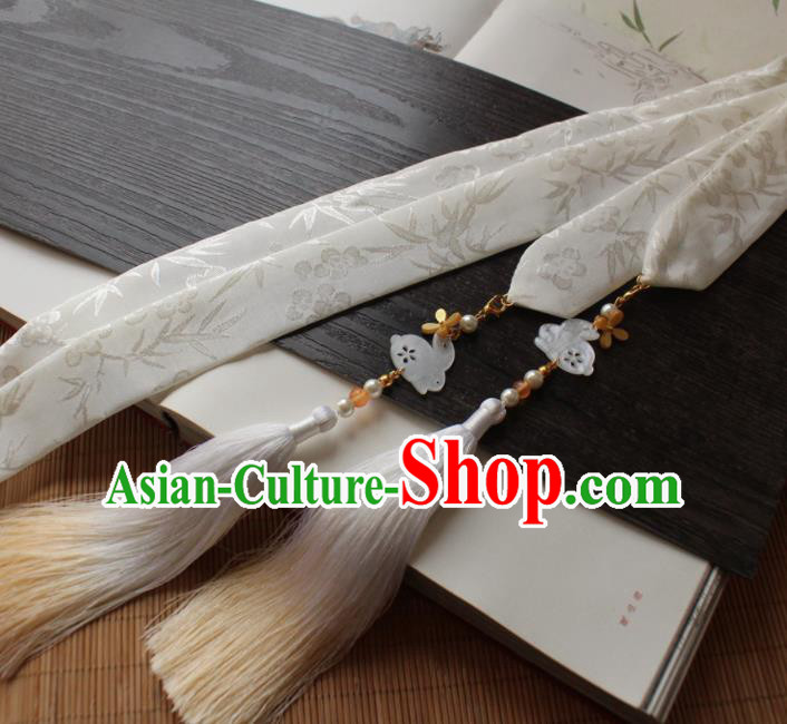 Chinese Traditional Hanfu Ming Dynasty White Ribbon Headband Handmade Ancient Princess Hair Accessories for Women