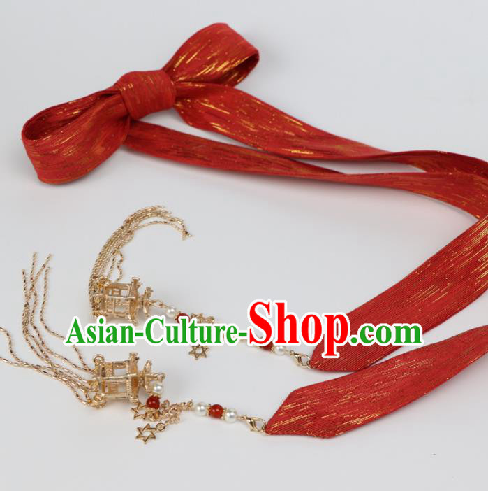 Chinese Traditional Hanfu Red Ribbon Hairband Handmade Ancient Princess Hair Accessories for Women