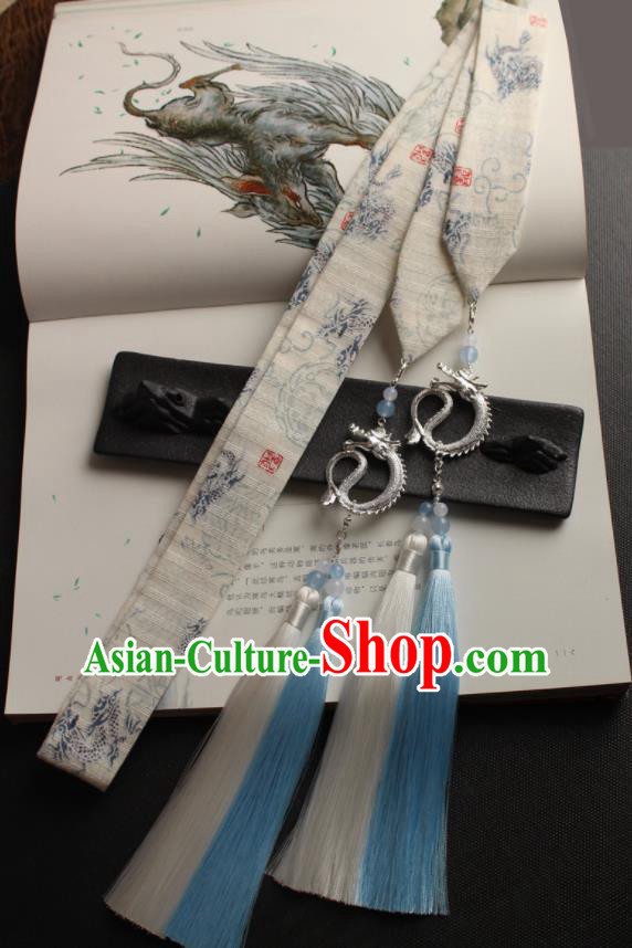 Chinese Traditional Hanfu Ming Dynasty White Ribbon Dragon Headband Handmade Ancient Princess Hair Accessories for Women