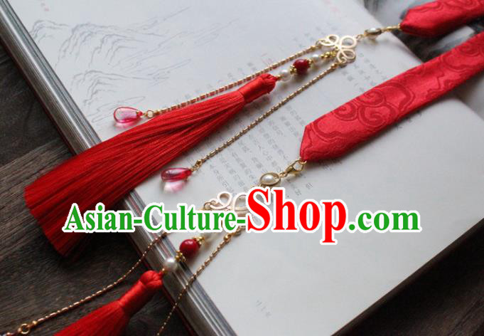 Chinese Traditional Hanfu Ming Dynasty Red Ribbon Tassel Headband Handmade Ancient Princess Hair Accessories for Women