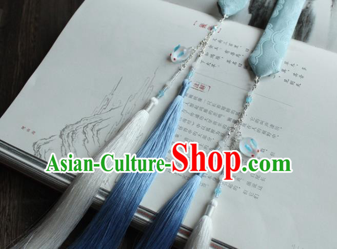 Chinese Traditional Hanfu Ming Dynasty Blue Ribbon Tassel Headband Handmade Ancient Princess Hair Accessories for Women