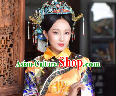 Chinese Handmade Qing Dynasty Manchu Cloisonne Phoenix Hairpins Hat Ancient Imperial Consort Hair Accessories for Women
