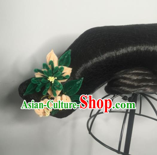 Chinese Traditional Hanfu Qing Dynasty Court Lady Wigs and Velvet Flowers Hairpins Handmade Ancient Imperial Consort Hair Accessories for Women