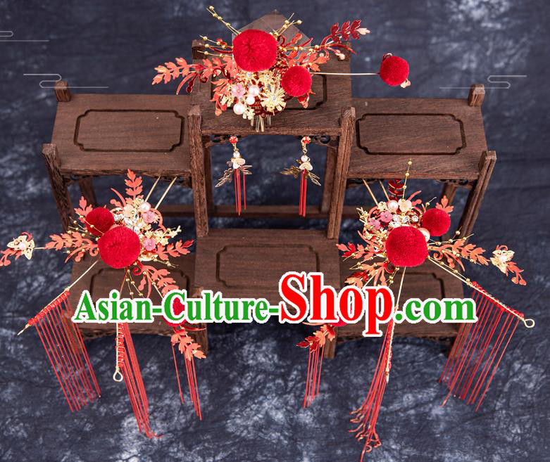 Chinese Traditional Wedding Hanfu Red Hair Crown Tassel Hairpins Handmade Ancient Bride Dragonfly Hair Accessories for Women