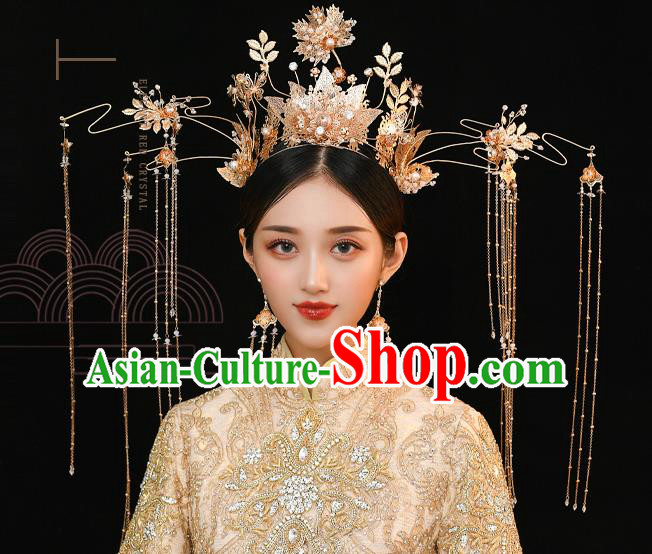Traditional Chinese Handmade Wedding Golden Leaf Tassel Phoenix Coronet Ancient Bride Hair Accessories for Women
