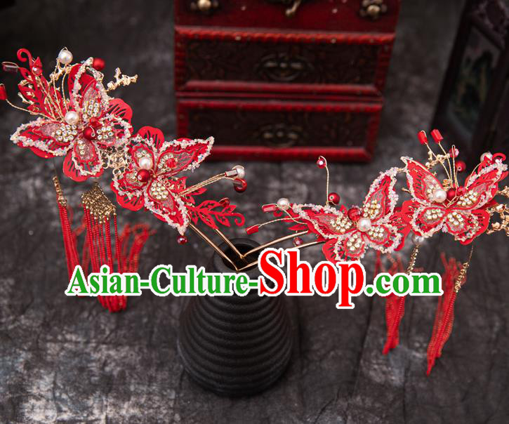 Traditional Chinese Handmade Wedding Red Butterfly Hairpins Phoenix Coronet Ancient Bride Hair Accessories for Women