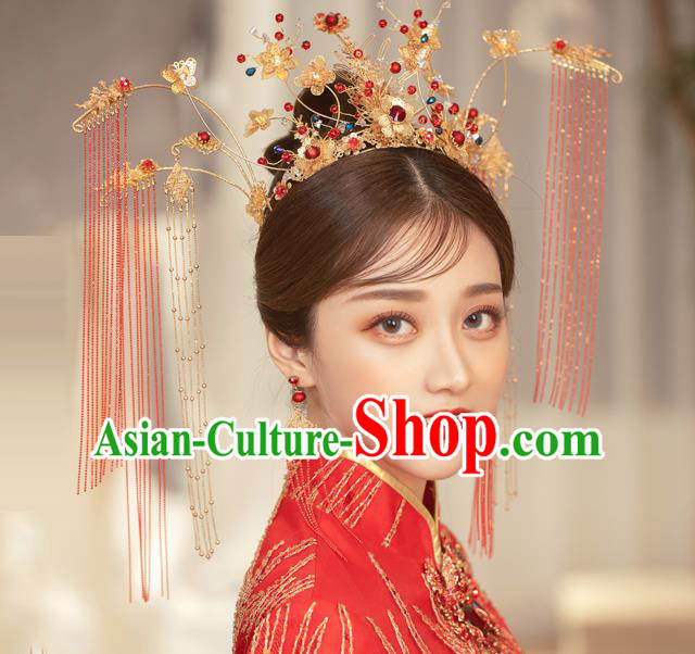 Traditional Chinese Handmade Hairpins Red Tassel Phoenix Coronet Ancient Bride Hair Accessories for Women