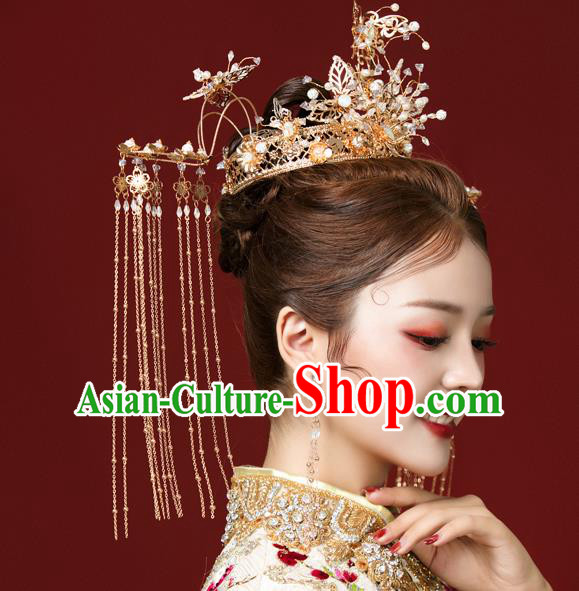 Traditional Chinese Handmade Hairpins Golden Butterfly Phoenix Coronet Ancient Bride Hair Accessories for Women