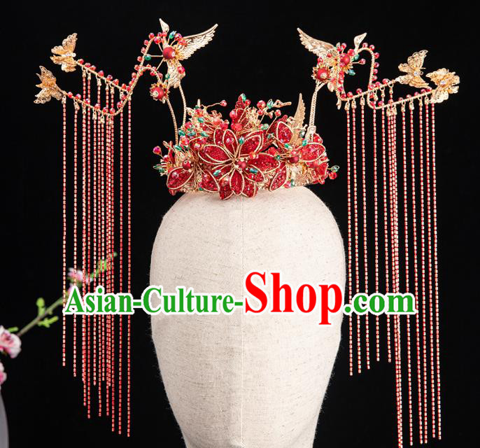 Traditional Chinese Handmade Red Flowers Phoenix Crown Hairpins Ancient Bride Hair Accessories for Women
