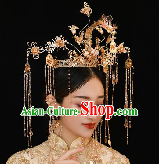 Traditional Chinese Handmade Golden Phoenix Crown Hairpins Ancient Bride Hair Accessories for Women