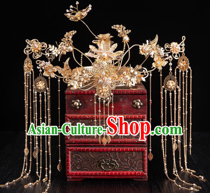 Traditional Chinese Handmade Golden Phoenix Crown Hairpins Ancient Bride Hair Accessories for Women