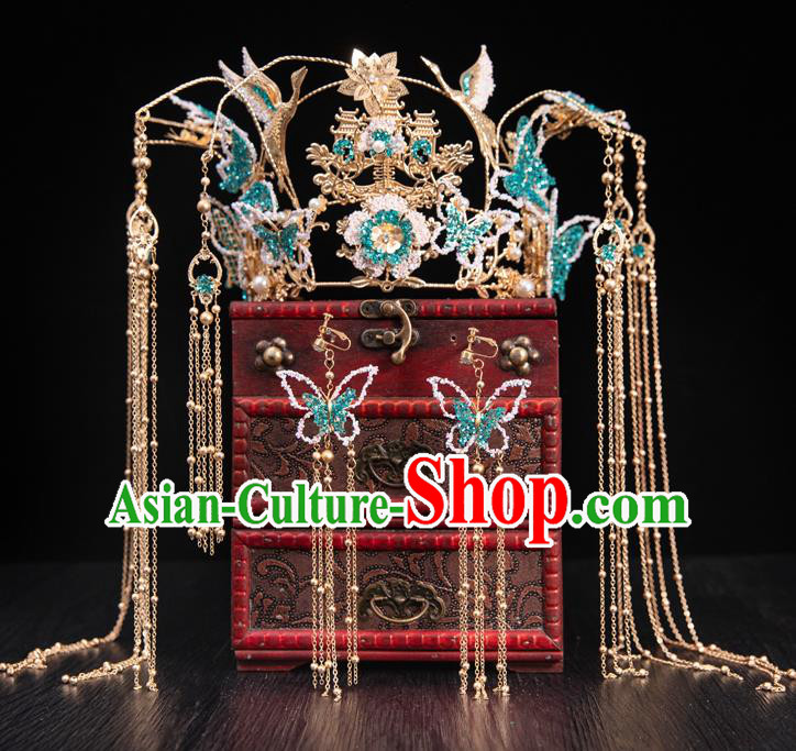 Traditional Chinese Handmade Blue Butterfly Crane Crown Hairpins Ancient Bride Hair Accessories for Women