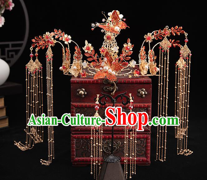 Traditional Chinese Handmade Tassel Red Butterfly Crown Hairpins Ancient Bride Hair Accessories for Women