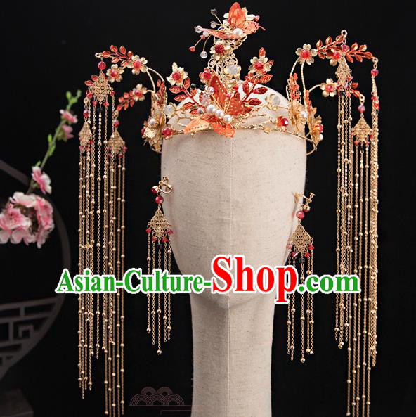 Traditional Chinese Handmade Tassel Red Butterfly Crown Hairpins Ancient Bride Hair Accessories for Women