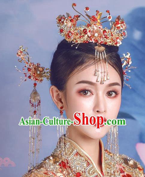 Traditional Chinese Wedding Red Phoenix Coronet Hairpins Handmade Ancient Bride Hair Accessories for Women