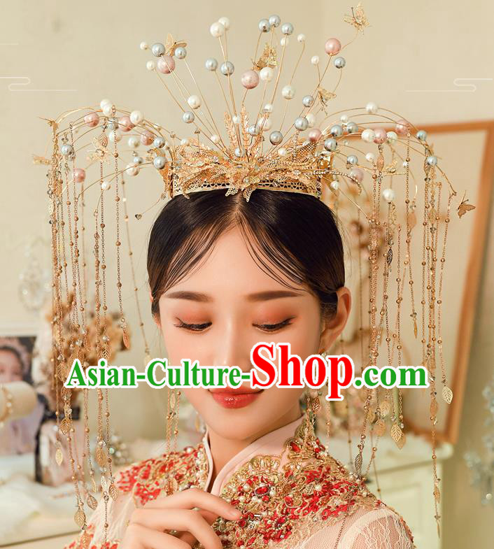 Traditional Chinese Handmade Golden Crown Hairpins Ancient Bride Hair Accessories for Women
