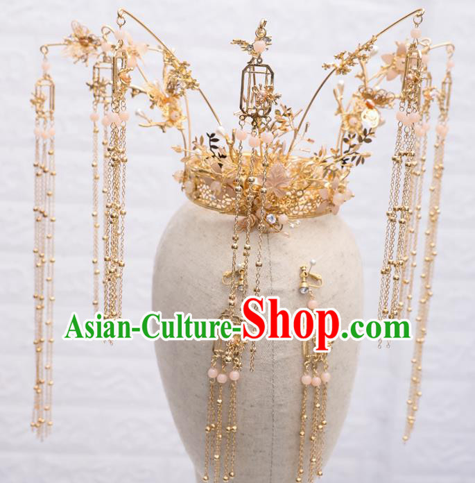 Traditional Chinese Wedding Golden Crane Phoenix Coronet Hairpins Handmade Ancient Bride Hair Accessories for Women