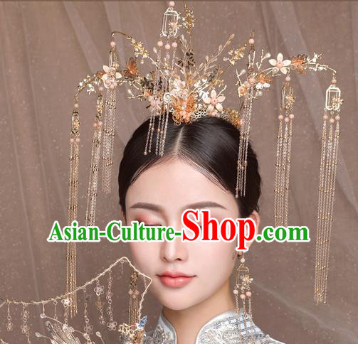 Traditional Chinese Wedding Golden Crane Phoenix Coronet Hairpins Handmade Ancient Bride Hair Accessories for Women
