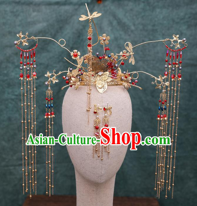 Traditional Chinese Wedding Luxury Dragonfly Phoenix Coronet Hairpins Handmade Ancient Bride Hair Accessories for Women