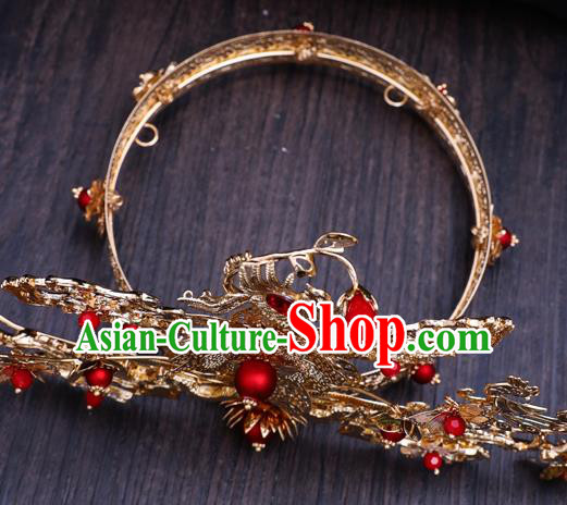 Traditional Chinese Wedding Golden Birds Phoenix Coronet Hairpins Handmade Ancient Bride Hair Accessories for Women