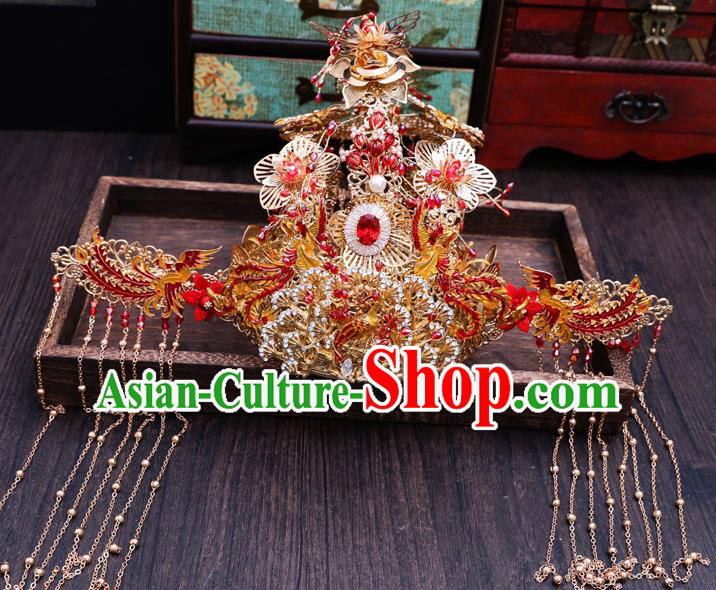 Traditional Chinese Wedding Luxury Red Gem Phoenix Coronet Hairpins Handmade Ancient Bride Hair Accessories for Women