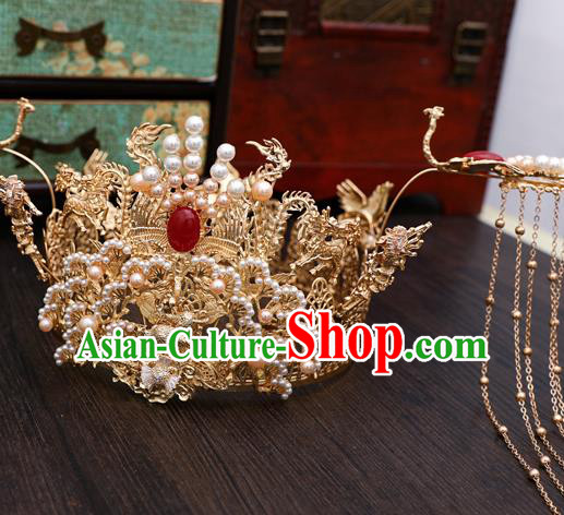 Traditional Chinese Wedding Golden Pine Phoenix Coronet Hairpins Handmade Ancient Bride Hair Accessories for Women