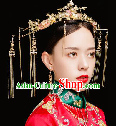 Traditional Chinese Wedding Golden Dragonfly Phoenix Coronet Hairpins Handmade Ancient Bride Hair Accessories for Women