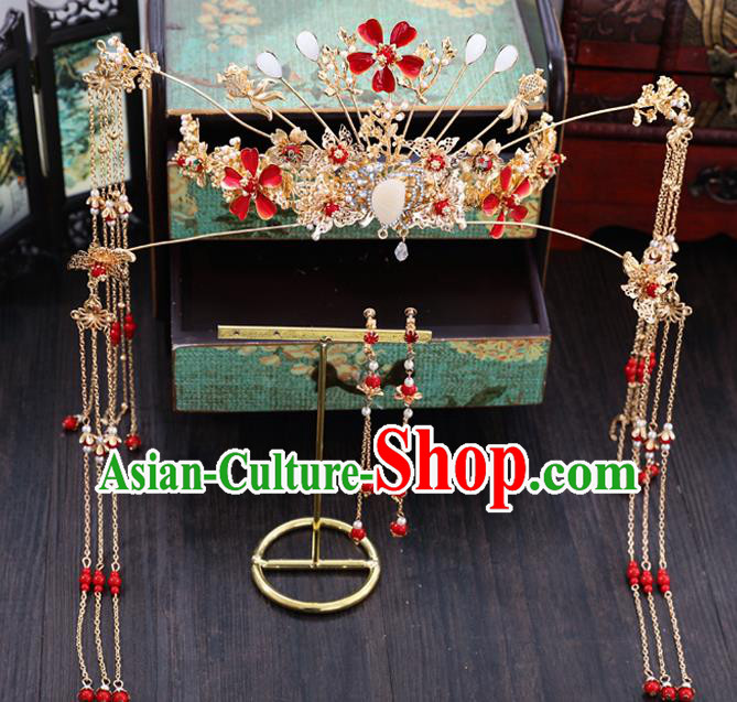Traditional Chinese Wedding Red Plum Phoenix Coronet Hairpins Handmade Ancient Bride Hair Accessories for Women