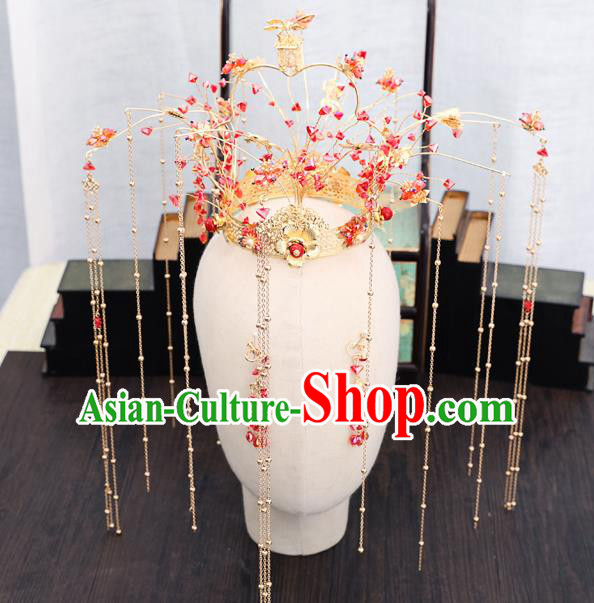 Traditional Chinese Wedding Red Beads Phoenix Coronet Hairpins Handmade Ancient Bride Hair Accessories for Women
