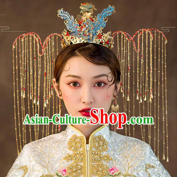 Traditional Chinese Wedding Blue Phoenix Coronet Hairpins Handmade Ancient Bride Hair Accessories for Women